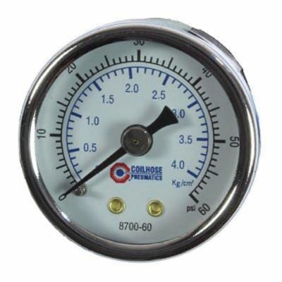 Coilhose® 8700-60 Analog Dry Round Pressure Gauge, 0 to 60 psi Pressure, 1/8 in NPT Connection, 1-1/2 in Dia Dial, +/- 3-2-3 % Accuracy